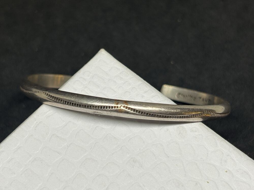 Vintage Tahe Sterling Silver Cuff Bangle Bracelet Native American Style Signed